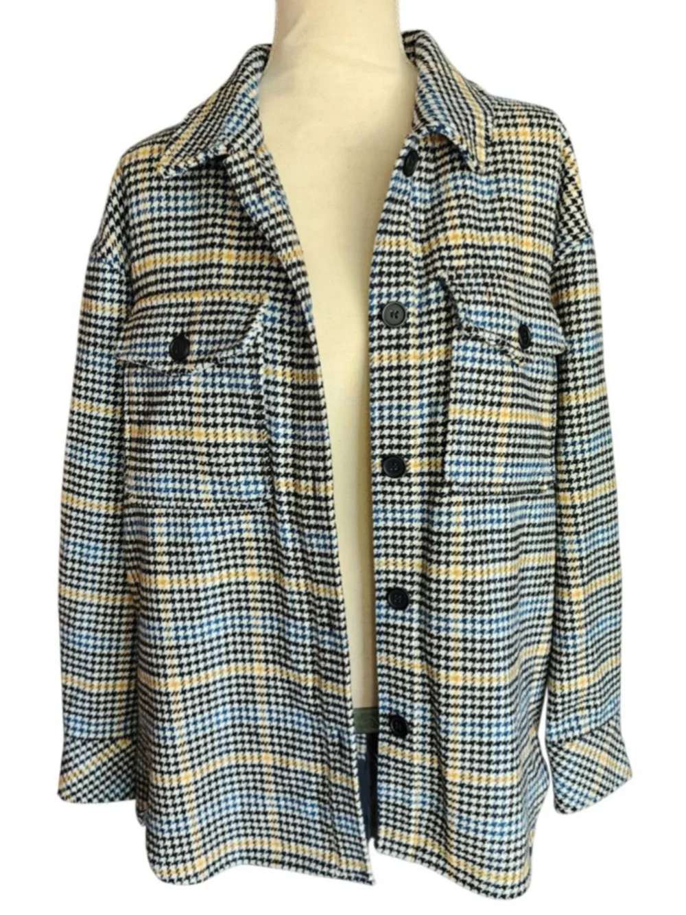 Melloday Women's M Houndstooth Shacket Jacket Blue Black Yellow Plaid Button Up